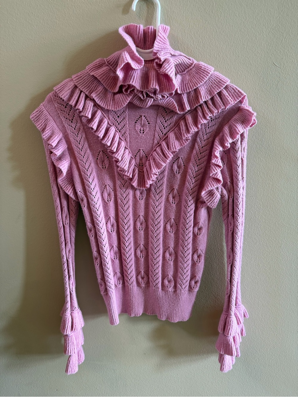 SHEIN Pink Ruffled Cable-Knit Turtleneck Sweater